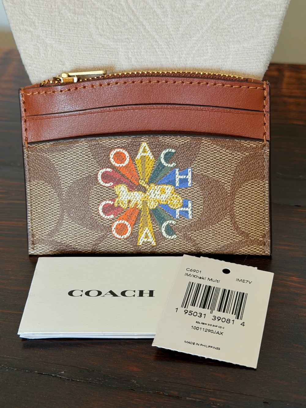 Coach Brown Signature Card Case Rainbow Logo NWT